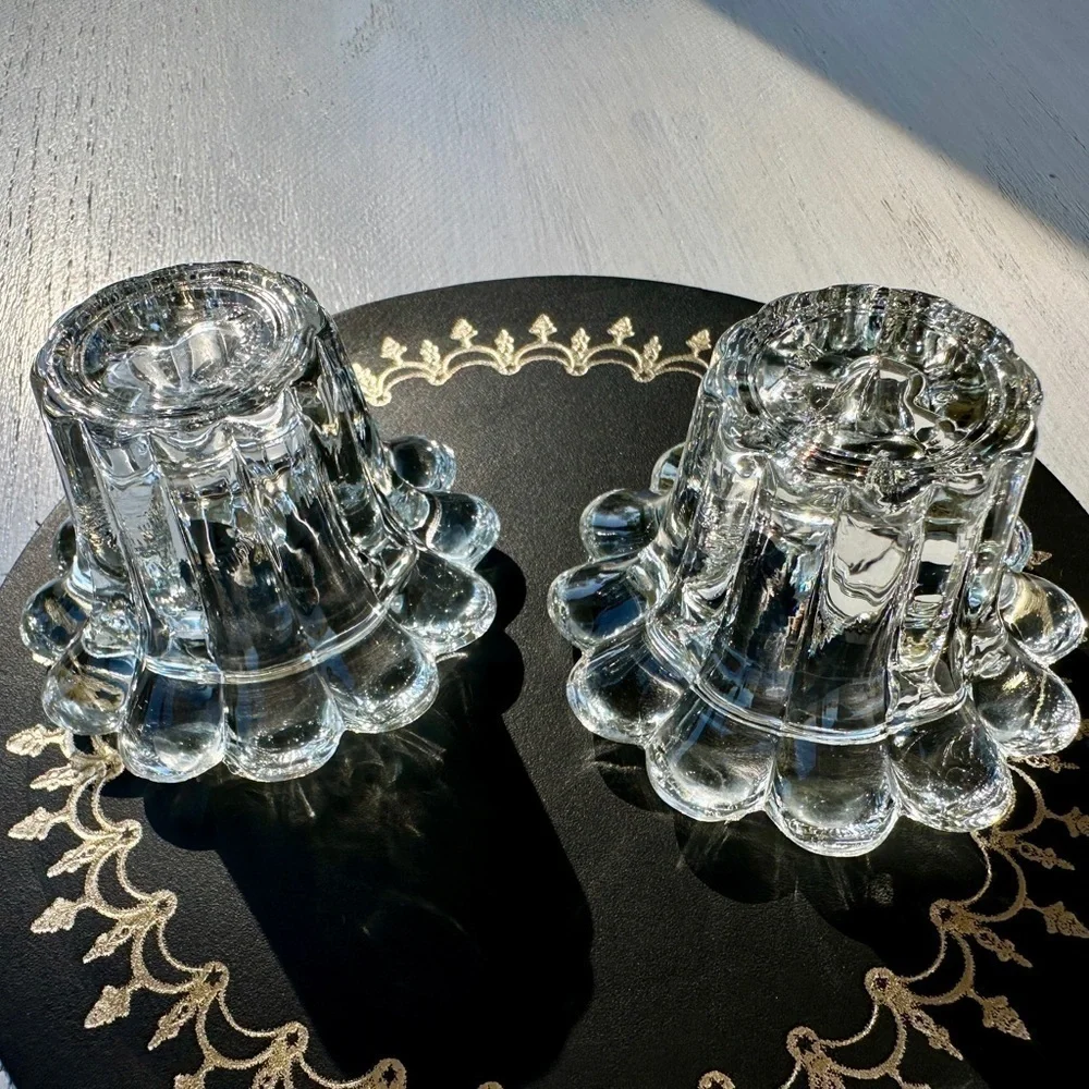 VINTAGE, KIG MALAYSIA, CRYSTAL CANDLE HOLDERS. 3 1/4” SCALLOPED RIM.